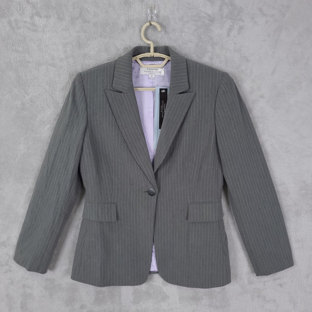 NWT Tahari ASL Blazer Women Gray Sz 6P Long Sleeve Pinstripe Schoolboy Career